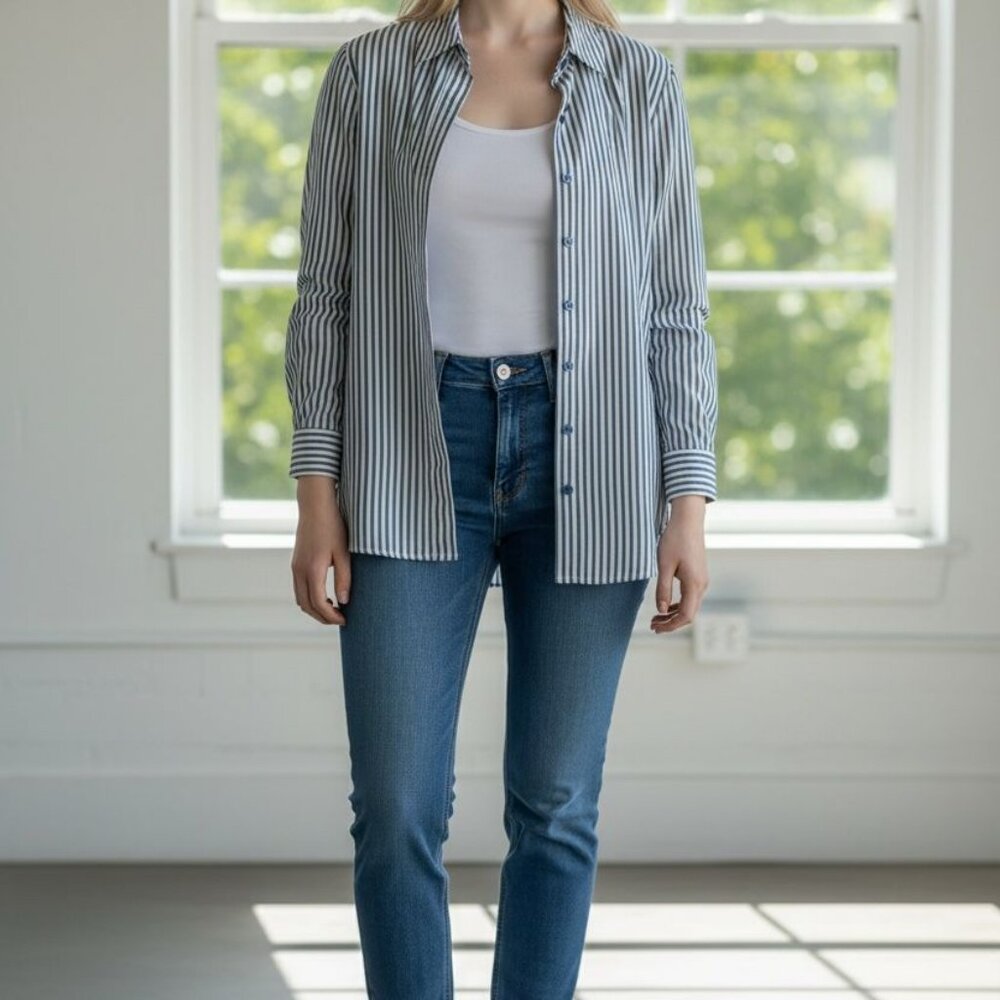 Zara Blue & White Striped Button Down Shirt | Classic Tailored Blouse | NWOT - Picture 3 of 7